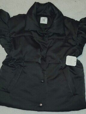 Altar'd State Black Satin Puffer Vest Ruffle Sleeve Snap Front Womens Small NWT